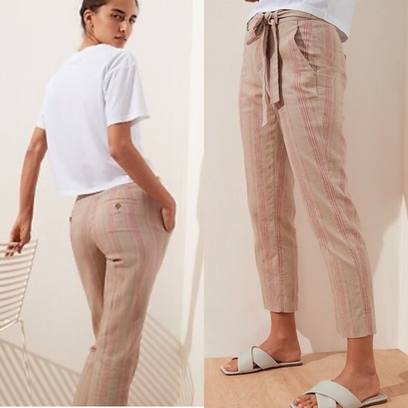 Banana Republic Factory AVERY TIE-WAIST STRIPE LINEN BLEND ANKLE PANT size 14 - Picture 1 of 4
